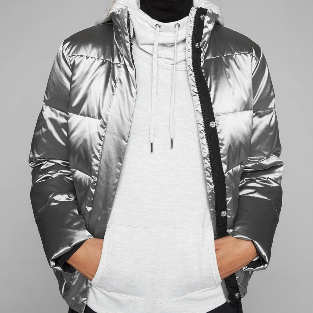 Athleta Responsible Down Puffer Bomber Jacket Metallic